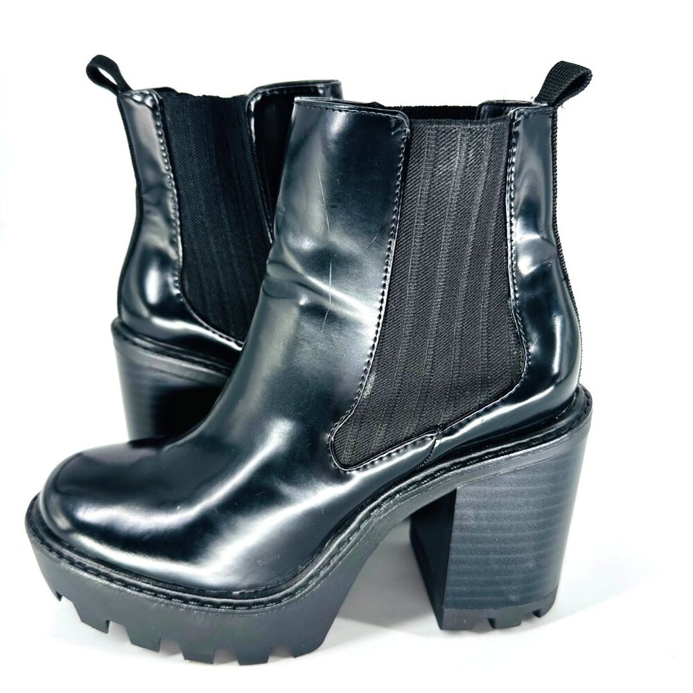 Zara Womens Black Glossy Leather Chunky Heel Chelsea Ankle Boots Size 36 EU - Picture 3 of 11